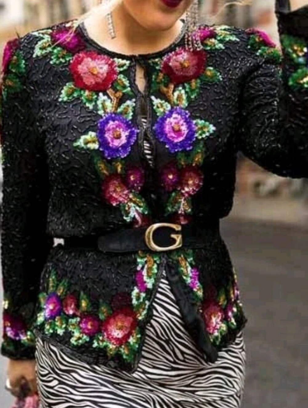 Laurence Kazar Black Beaded Floral Button-Down Jacket